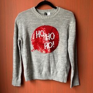 Divided Gray Sweater with Red and white Christmas reversible Sequin Design S